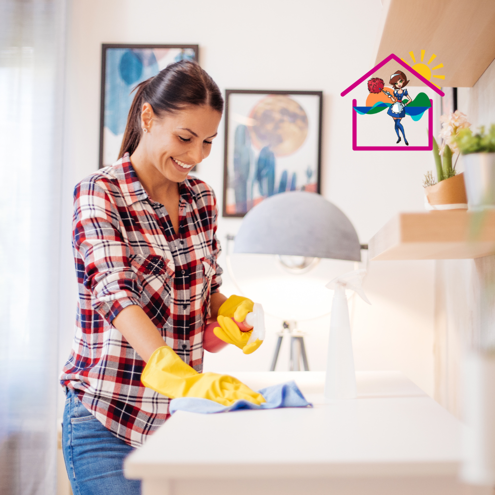 House cleaning Surf coast 8 smiling women cleaning kitchen counter in checked shirt
