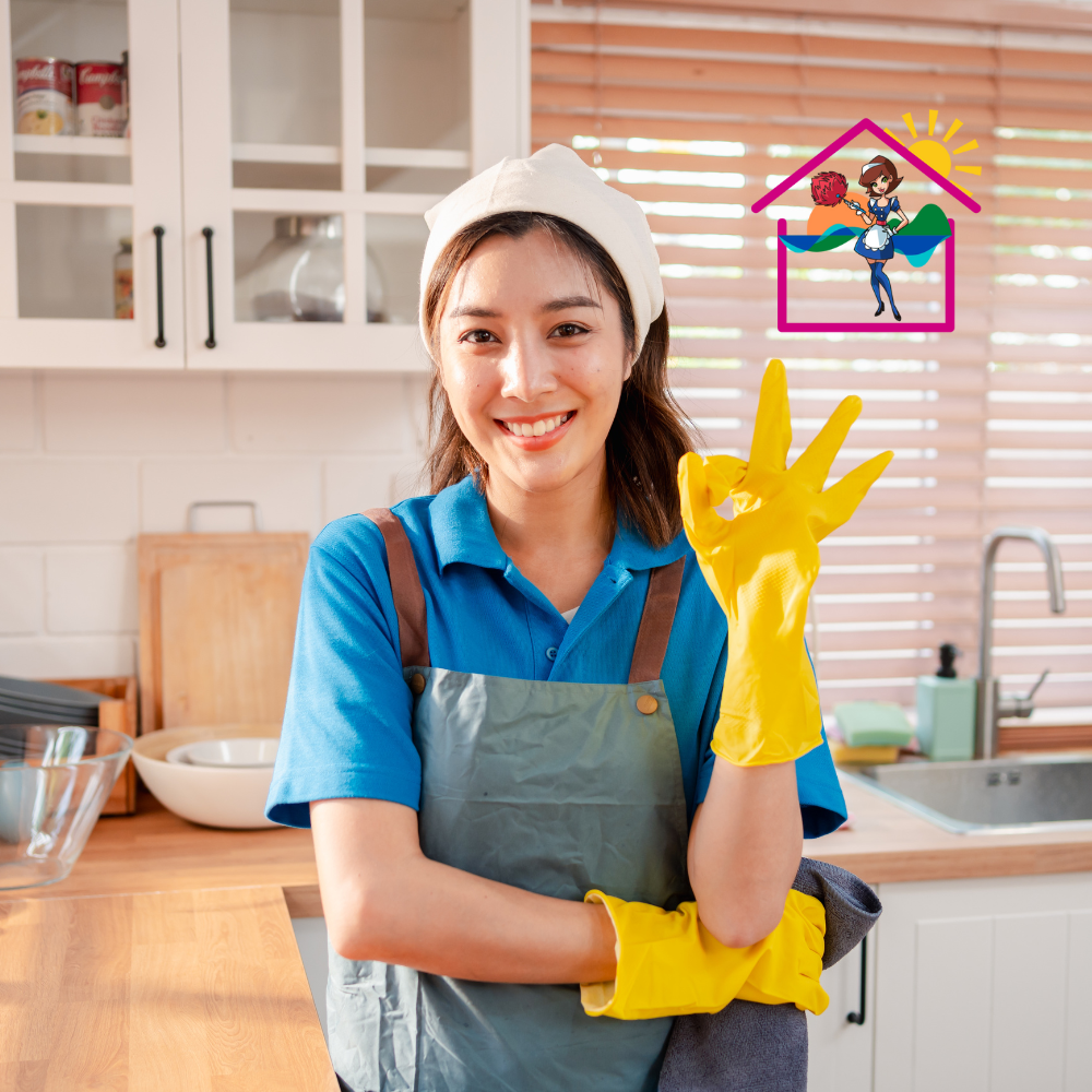House cleaning Surf coast 14 The Maids house cleaner doing the okey symbol in bright yellow gloves and smiling