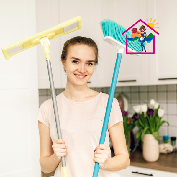 young women holding cleaning equipment up for standard cleaning