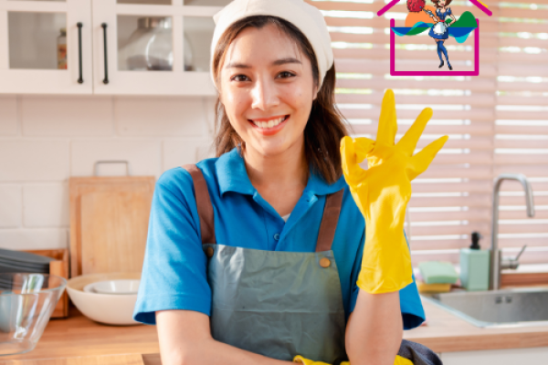 The Maids house cleaner doing the okey symbol in bright yellow gloves and smiling