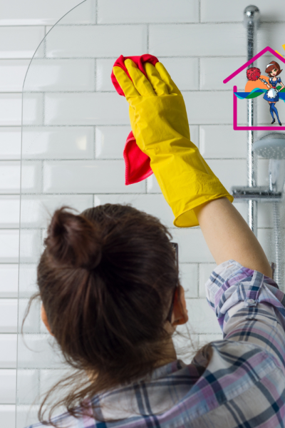 women gleaning shower glass with gloves on hands and using a cloth