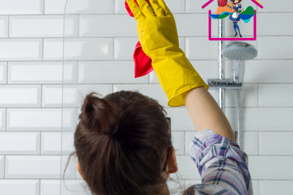 women gleaning shower glass with gloves on hands and using a cloth